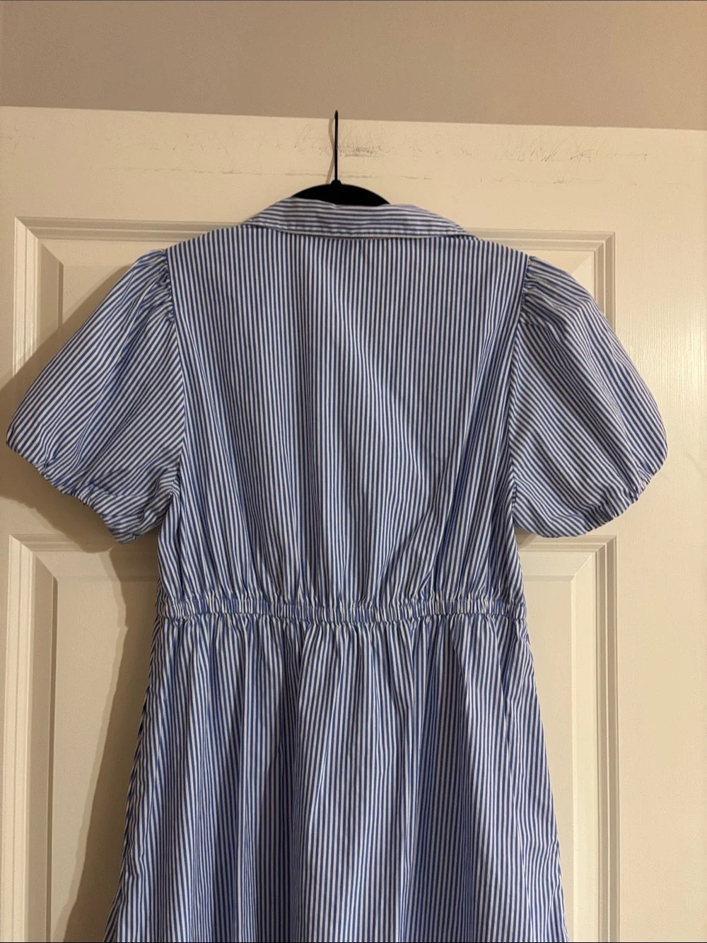 J. Crew Blue and White Striped Tie-Waist Puff-Sleeve Shirt Dress